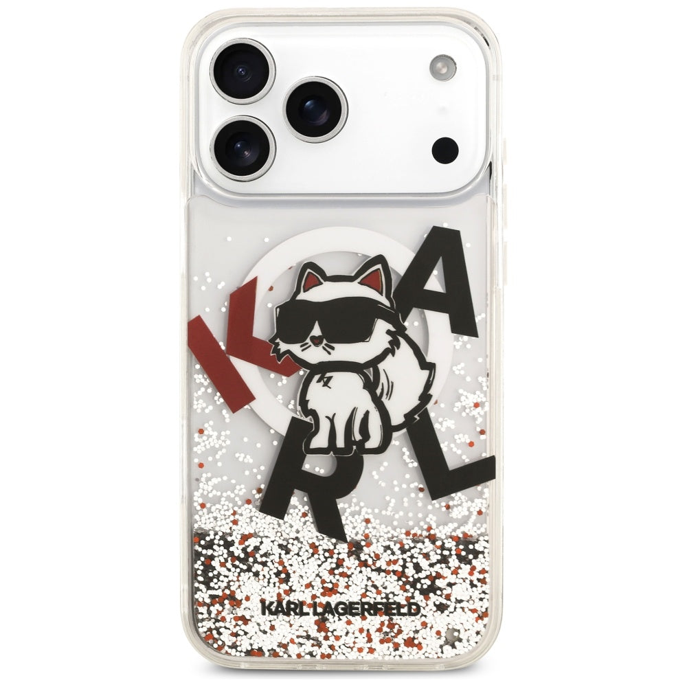 Funda MagSafe para Apple iPhone 17 Pro Max, Karl Lagerfeld, Liquid Glitter Logo Choupette, Transparente