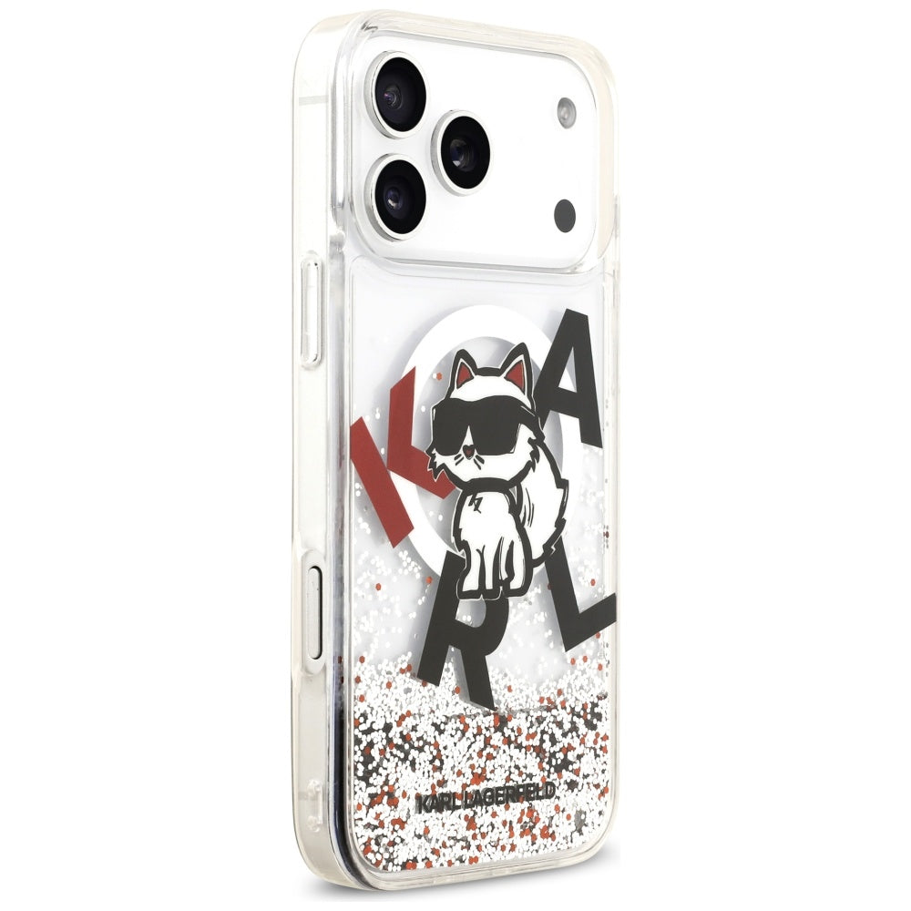Funda MagSafe para Apple iPhone 17 Pro Max, Karl Lagerfeld, Liquid Glitter Logo Choupette, Transparente
