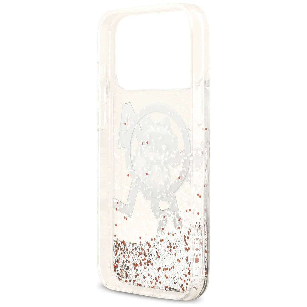 Funda MagSafe para Apple iPhone 17 Pro Max, Karl Lagerfeld, Liquid Glitter Logo Choupette, Transparente