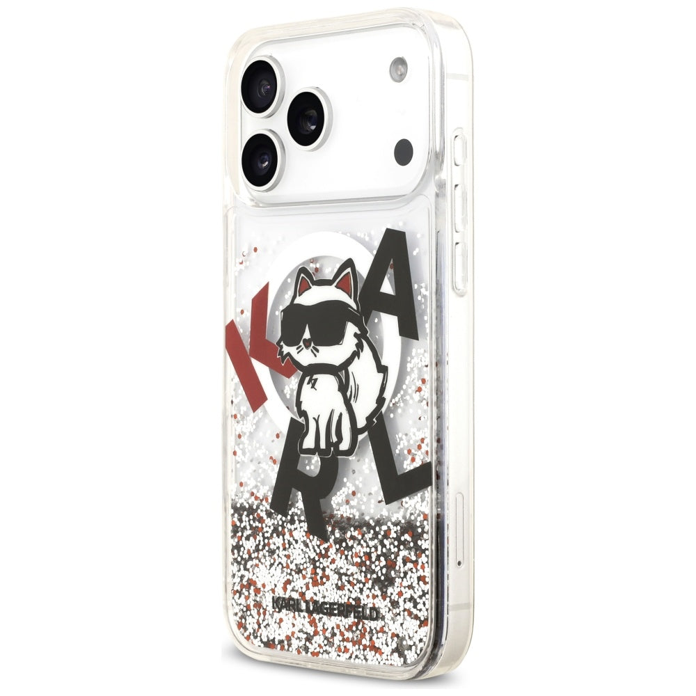 Funda MagSafe para Apple iPhone 17 Pro Max, Karl Lagerfeld, Liquid Glitter Logo Choupette, Transparente