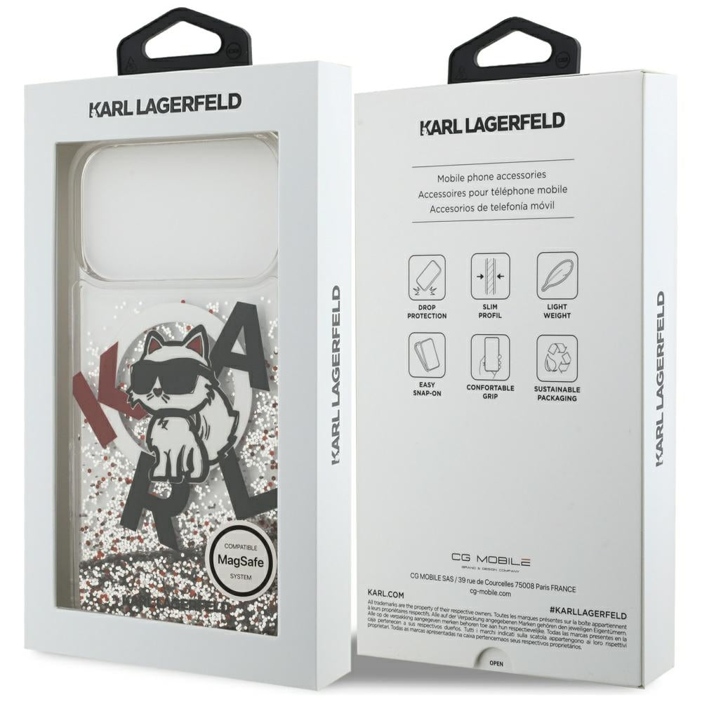 Funda MagSafe para Apple iPhone 17 Pro Max, Karl Lagerfeld, Liquid Glitter Logo Choupette, Transparente