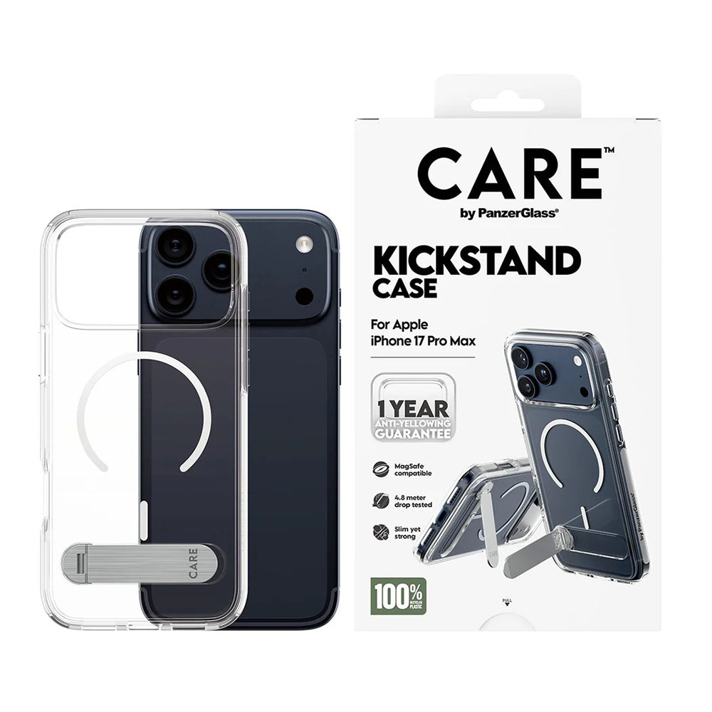 Funda MagSafe para Apple iPhone 17 Pro Max, PanzerGlass, con soporte Care Feature Kickstand, Transparente Blanca