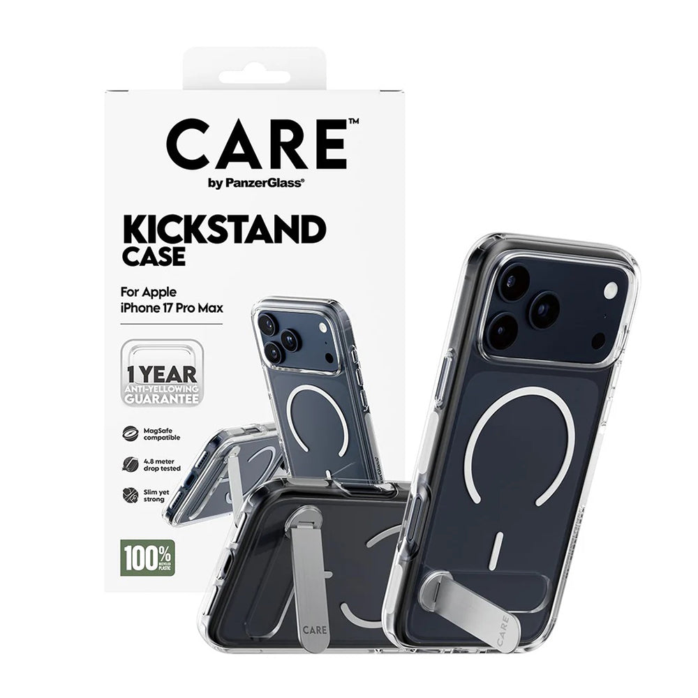 Funda MagSafe para Apple iPhone 17 Pro Max, PanzerGlass, con soporte Care Feature Kickstand, Transparente Blanca