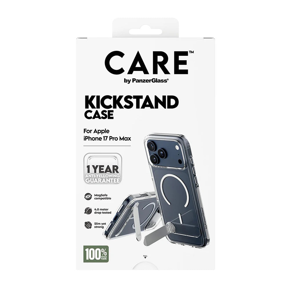 Funda MagSafe para Apple iPhone 17 Pro Max, PanzerGlass, con soporte Care Feature Kickstand, Transparente Blanca