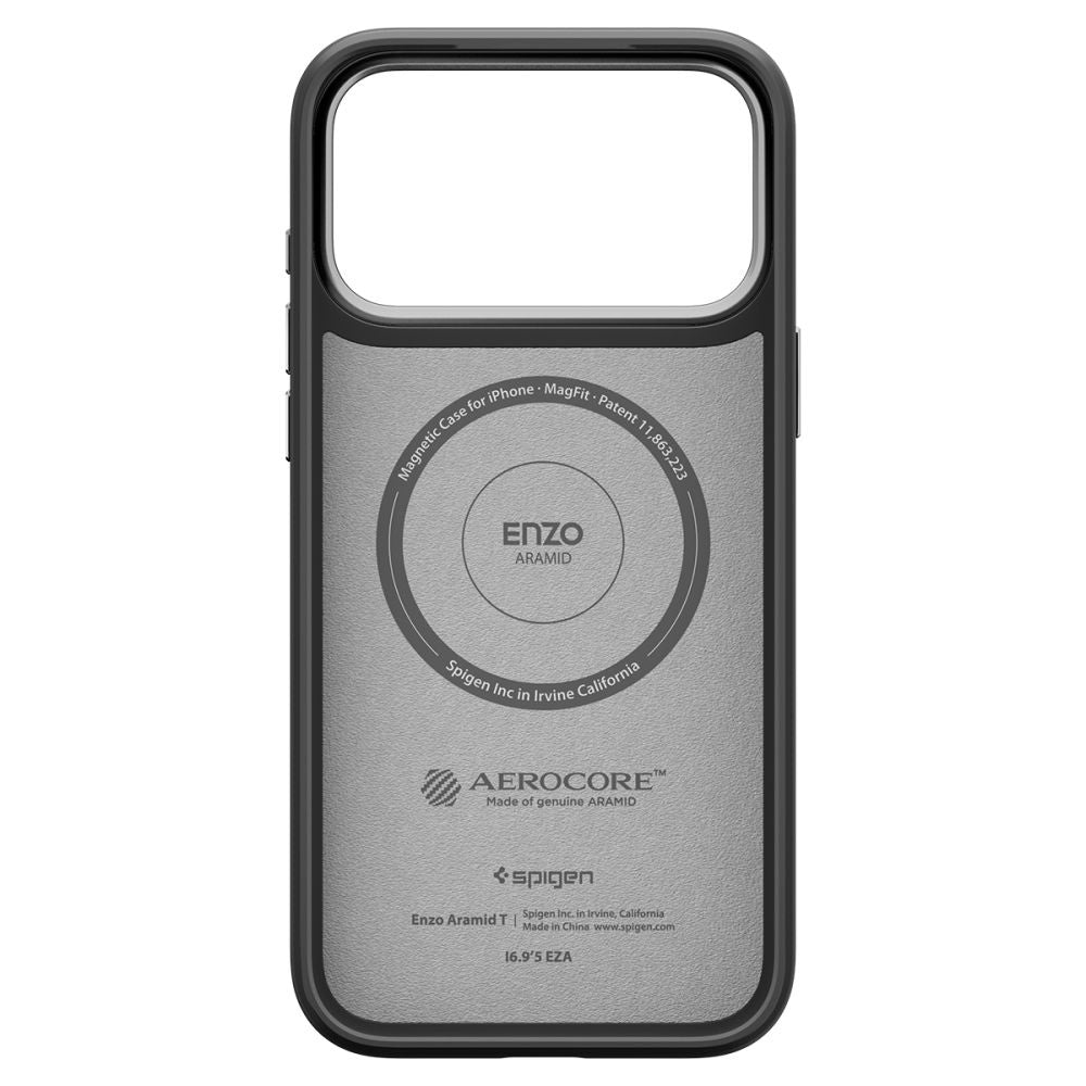 Funda MagSafe para Apple iPhone 17 Pro, Spigen, Enzo Aramid T, Negra Plateada ACS09958