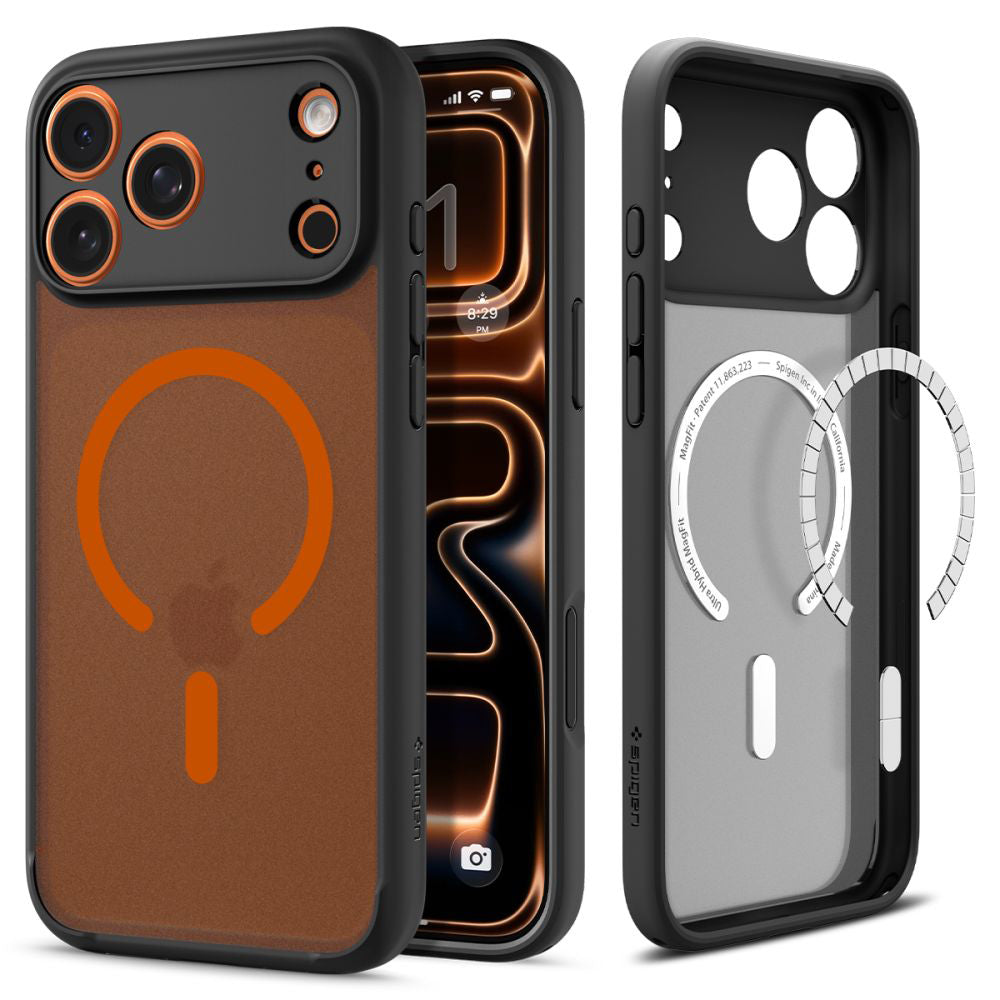 Funda MagSafe para Apple iPhone 17 Pro, Spigen, Ultra Hybrid, Negra Naranja Satinada ACS10483