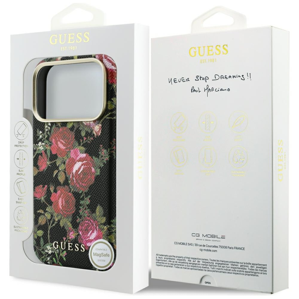 Funda MagSafe para Apple iPhone 18 Pro / 17 Pro, Guess, Blossom Roses Print, negra