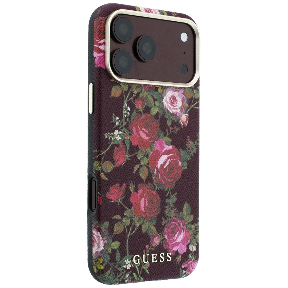 Funda MagSafe para Apple iPhone 18 Pro / 17 Pro, Guess, Blossom Roses Print, color burdeos