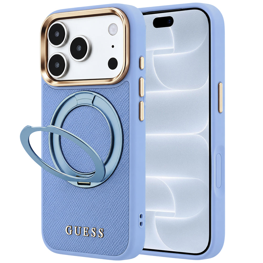Funda MagSafe para Apple iPhone 18 Pro / 17 Pro, Guess, Grained Ring Stand 360 Classic, azul celeste