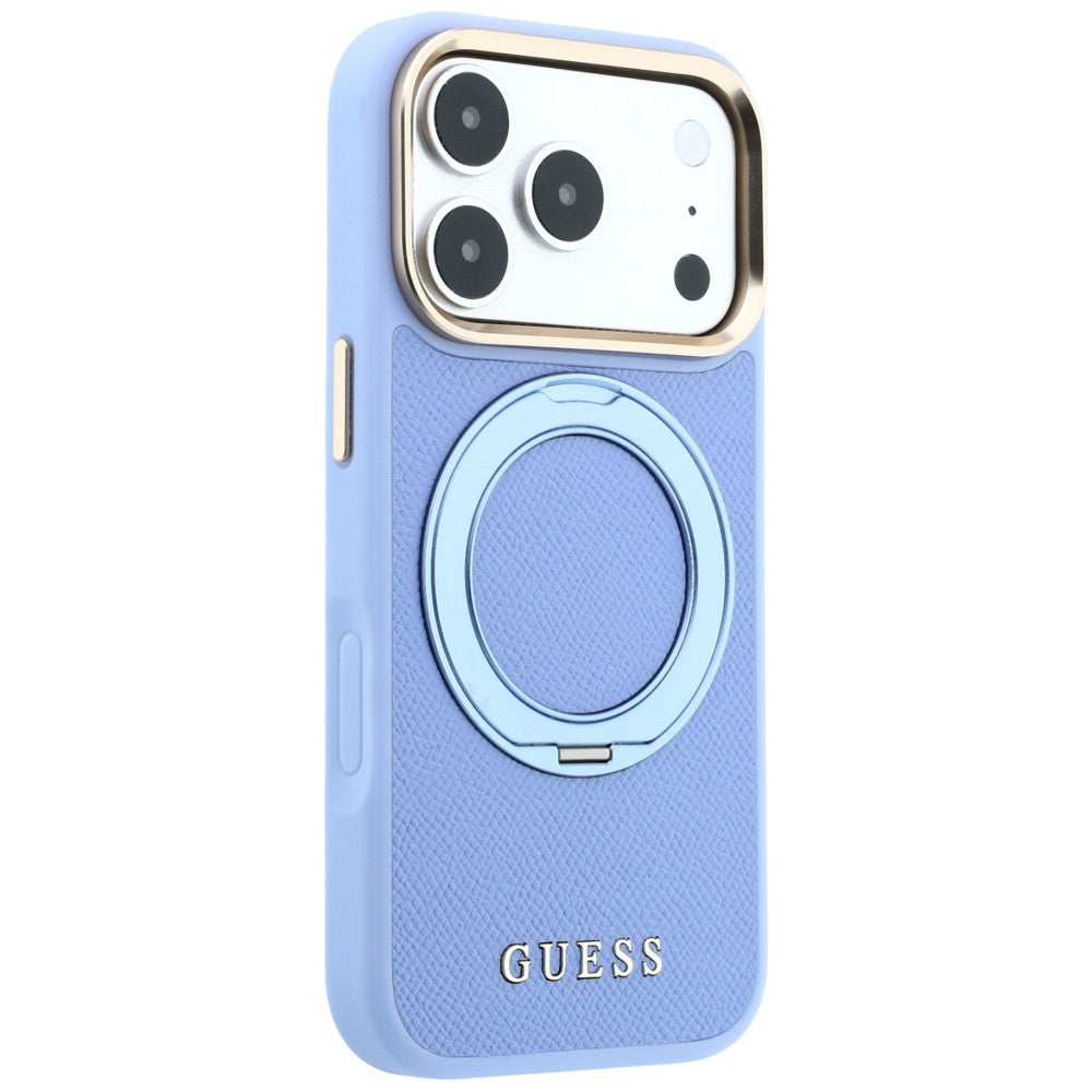 Funda MagSafe para Apple iPhone 18 Pro / 17 Pro, Guess, Grained Ring Stand 360 Classic, azul celeste