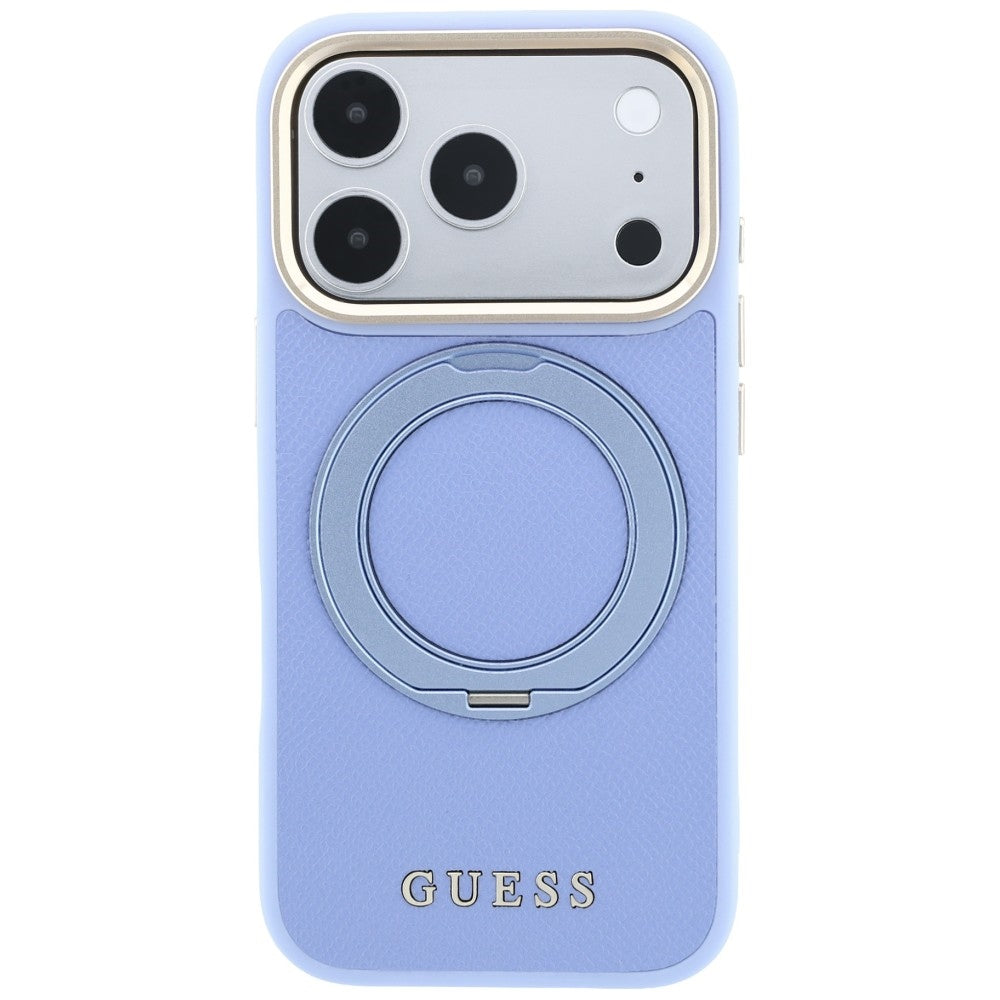 Funda MagSafe para Apple iPhone 18 Pro / 17 Pro, Guess, Grained Ring Stand 360 Classic, azul celeste