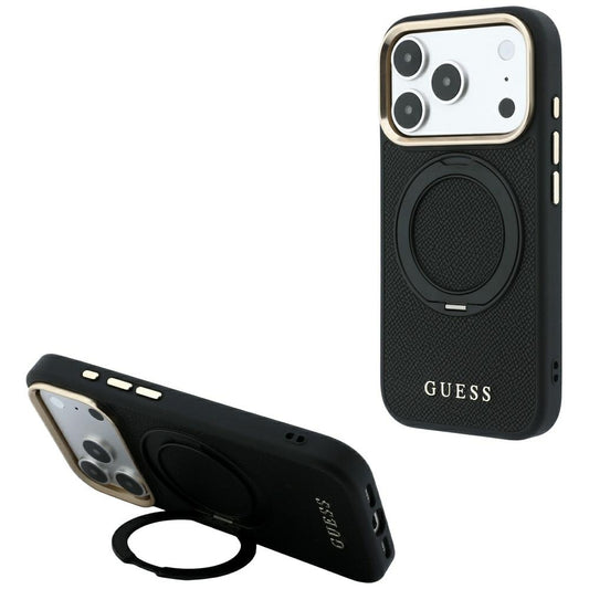 Funda MagSafe para Apple iPhone 18 Pro / 17 Pro, Guess, Grained Ring Stand 360 Classic, negra