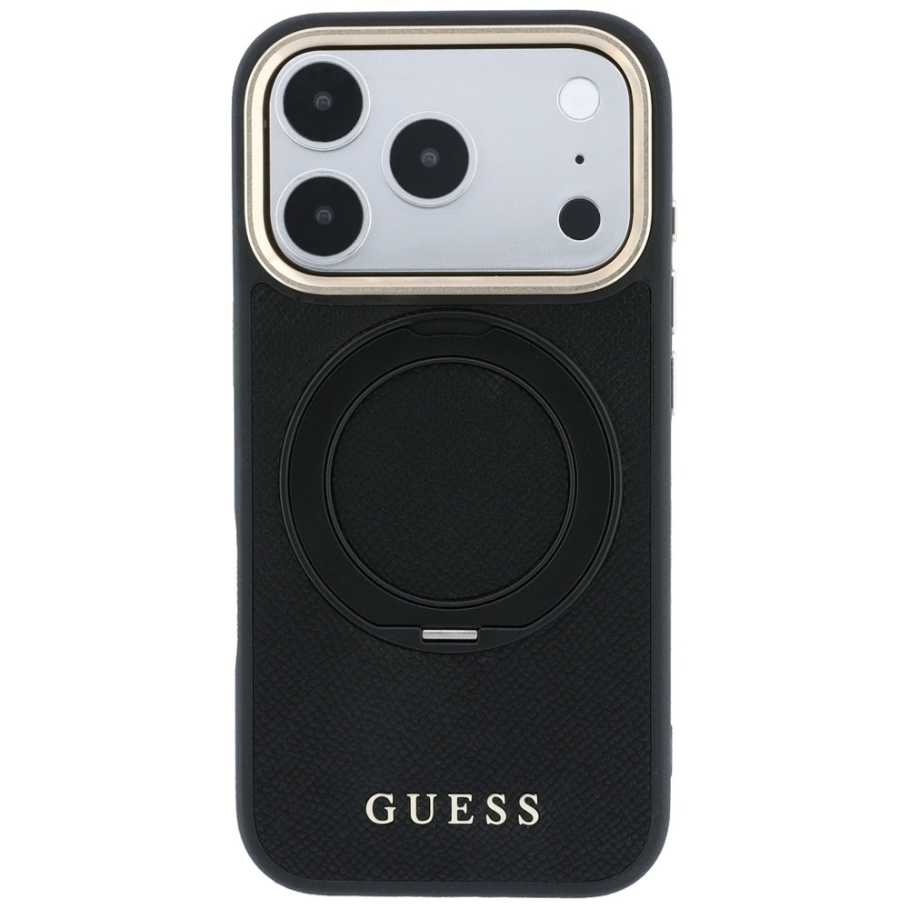 Funda MagSafe para Apple iPhone 18 Pro / 17 Pro, Guess, Grained Ring Stand 360 Classic, negra