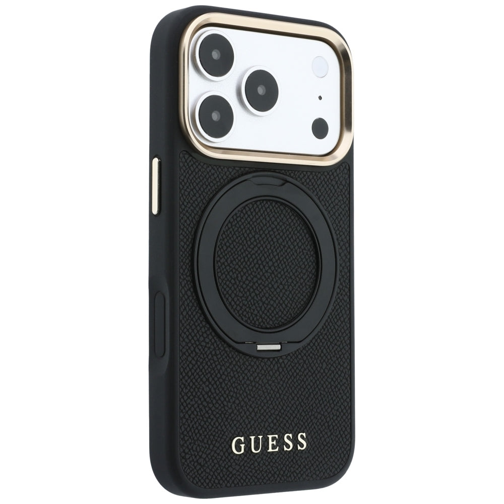 Funda MagSafe para Apple iPhone 18 Pro / 17 Pro, Guess, Grained Ring Stand 360 Classic, negra