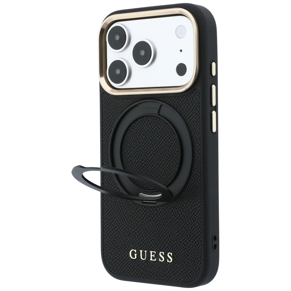 Funda MagSafe para Apple iPhone 18 Pro / 17 Pro, Guess, Grained Ring Stand 360 Classic, negra