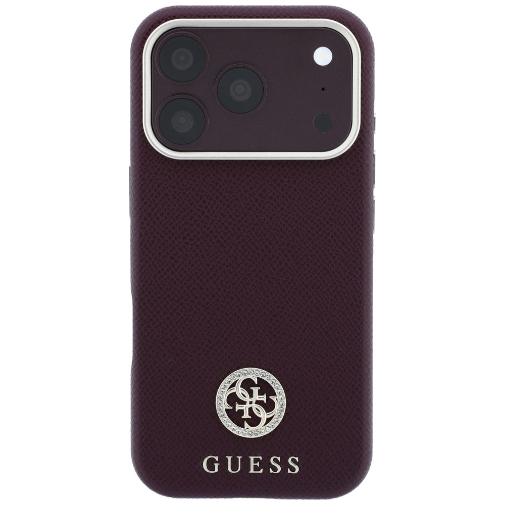 Funda MagSafe para Apple iPhone 18 Pro / 17 Pro, Guess, Logo Redondo con Strass Granulado, Burdeos