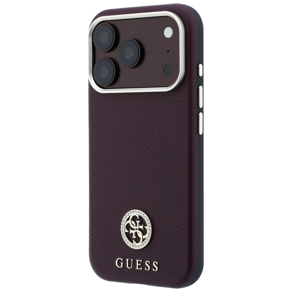 Funda MagSafe para Apple iPhone 18 Pro / 17 Pro, Guess, Logo Redondo con Strass Granulado, Burdeos