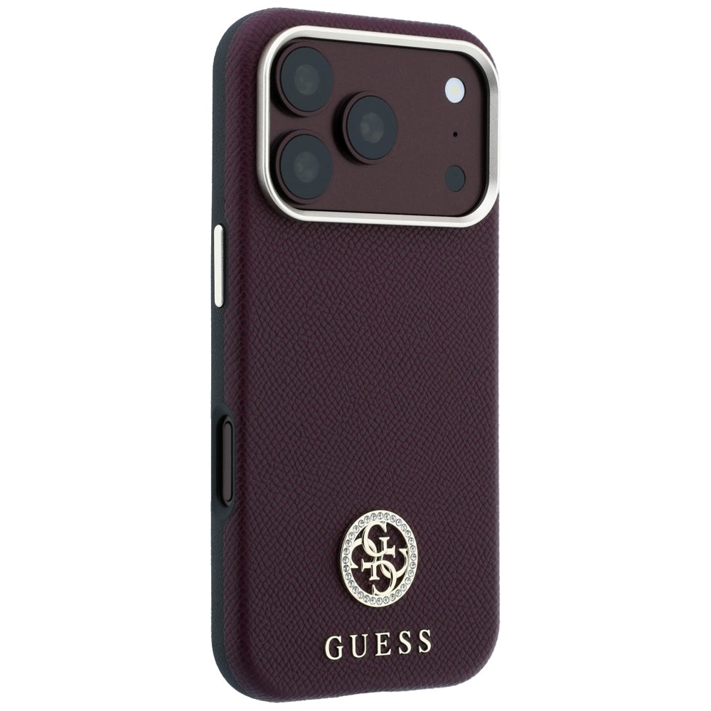 Funda MagSafe para Apple iPhone 18 Pro / 17 Pro, Guess, Logo Redondo con Strass Granulado, Burdeos
