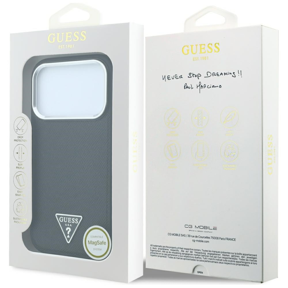 Funda MagSafe para Apple iPhone 18 Pro / 17 Pro, Guess, Logo Triángulo Granulado, Negra