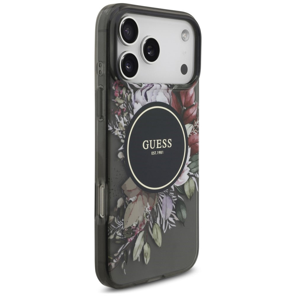 Funda MagSafe para Apple iPhone 18 Pro / 17 Pro, Guess, IML Flowers with Pearl Strap, negra