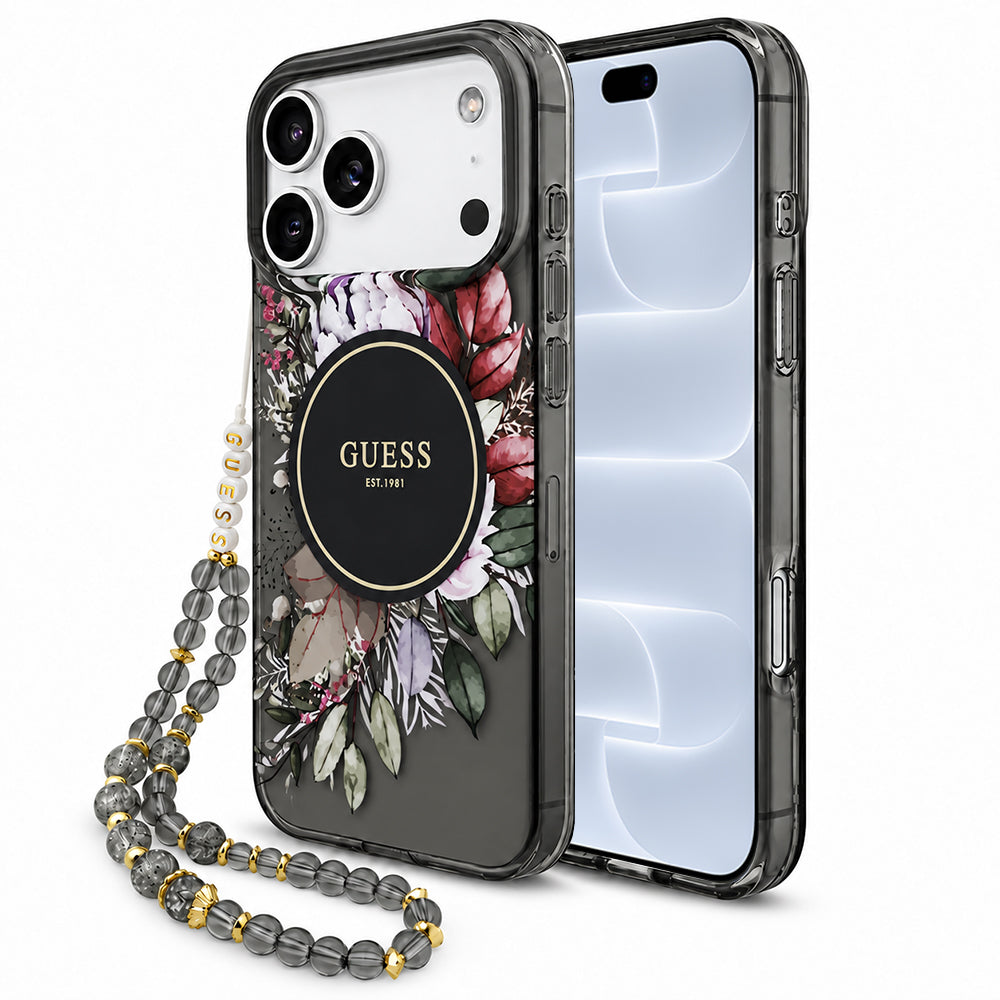 Funda MagSafe para Apple iPhone 18 Pro / 17 Pro, Guess, IML Flowers with Pearl Strap, negra