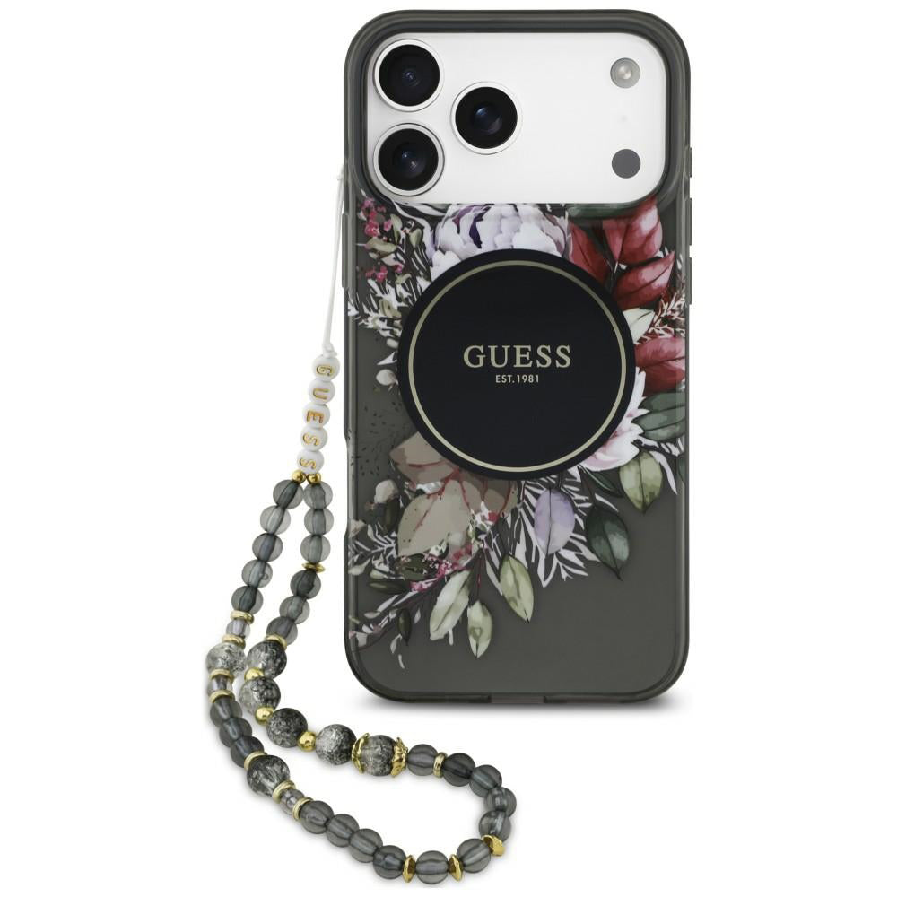 Funda MagSafe para Apple iPhone 18 Pro / 17 Pro, Guess, IML Flowers with Pearl Strap, negra