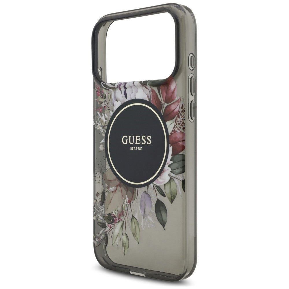 Funda MagSafe para Apple iPhone 18 Pro / 17 Pro, Guess, IML Flowers with Pearl Strap, negra