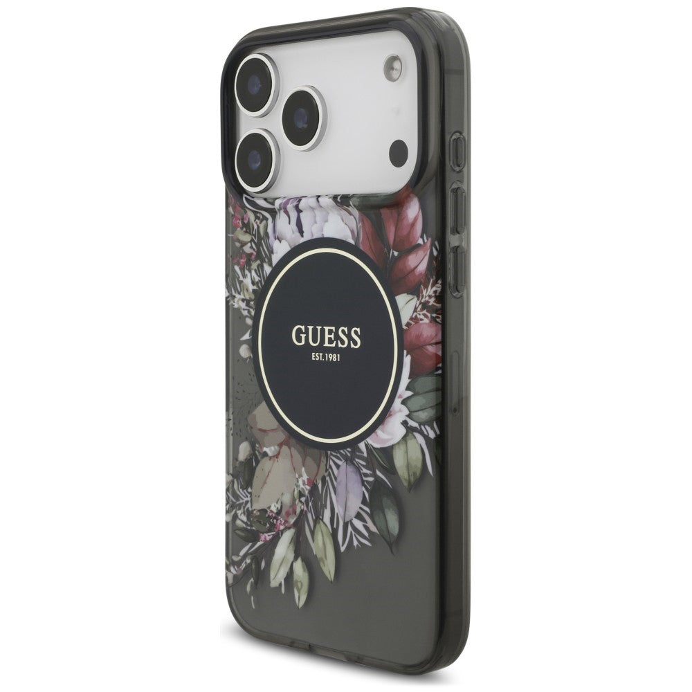 Funda MagSafe para Apple iPhone 18 Pro / 17 Pro, Guess, IML Flowers with Pearl Strap, negra