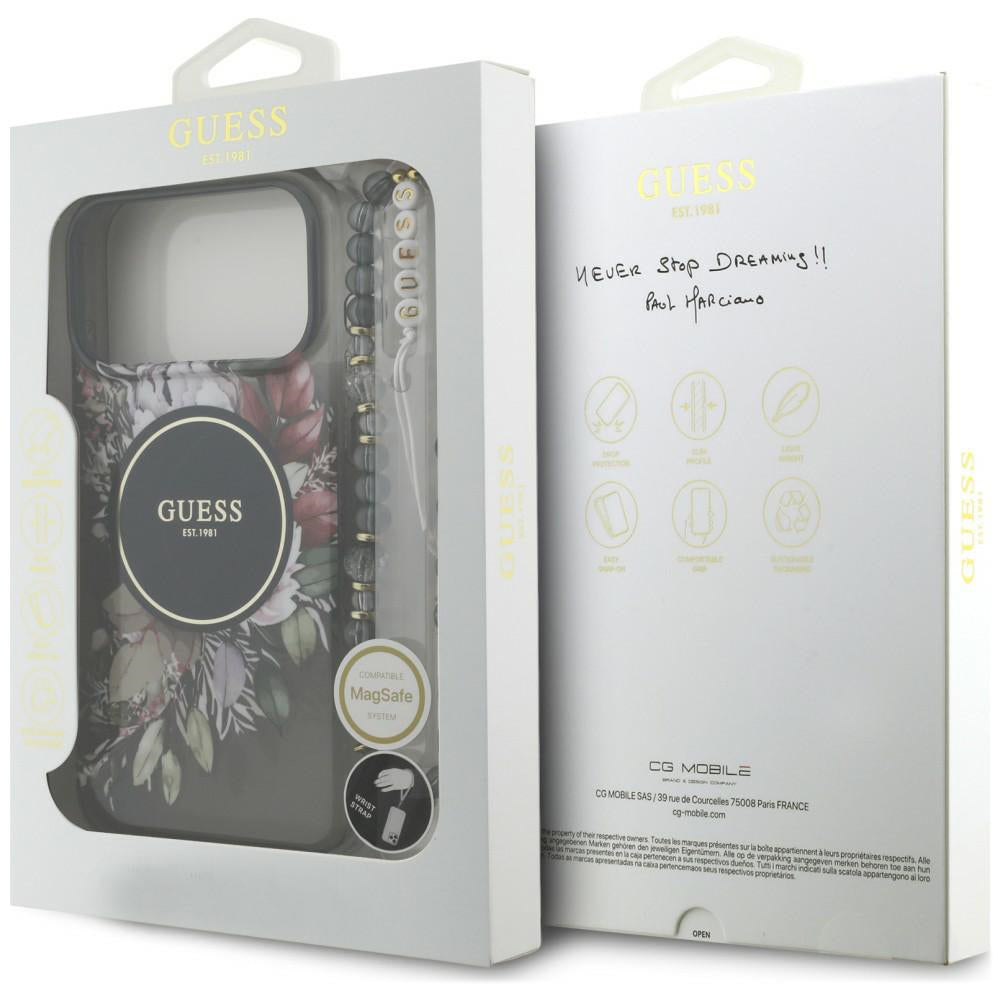 Funda MagSafe para Apple iPhone 18 Pro / 17 Pro, Guess, IML Flowers with Pearl Strap, negra