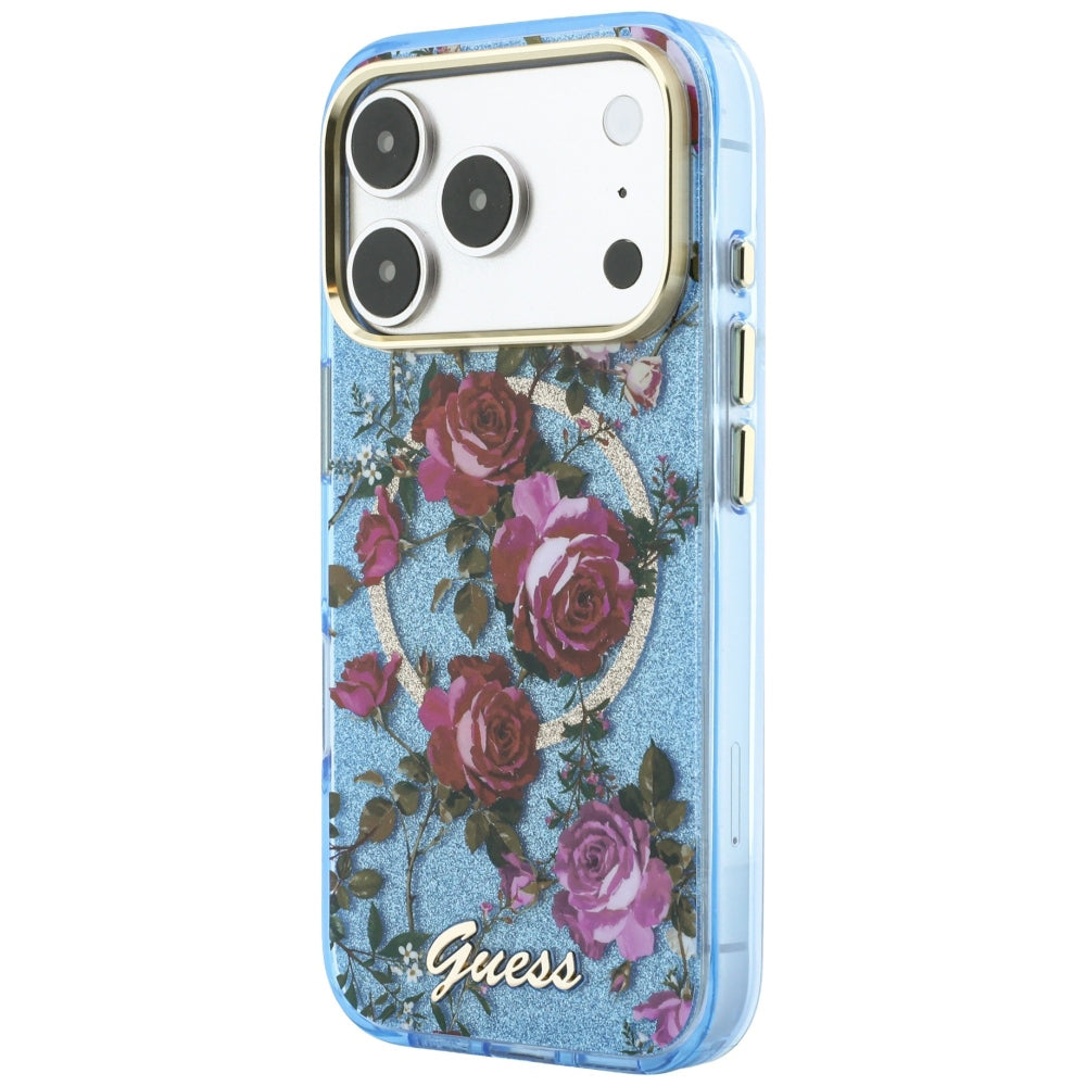 Funda MagSafe para Apple iPhone 18 Pro / 17 Pro, Guess, IML Glitter Blossom Roses, Azul