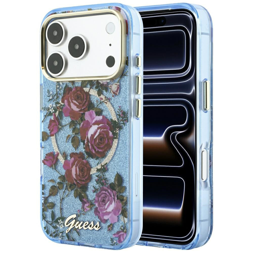 Funda MagSafe para Apple iPhone 18 Pro / 17 Pro, Guess, IML Glitter Blossom Roses, Azul