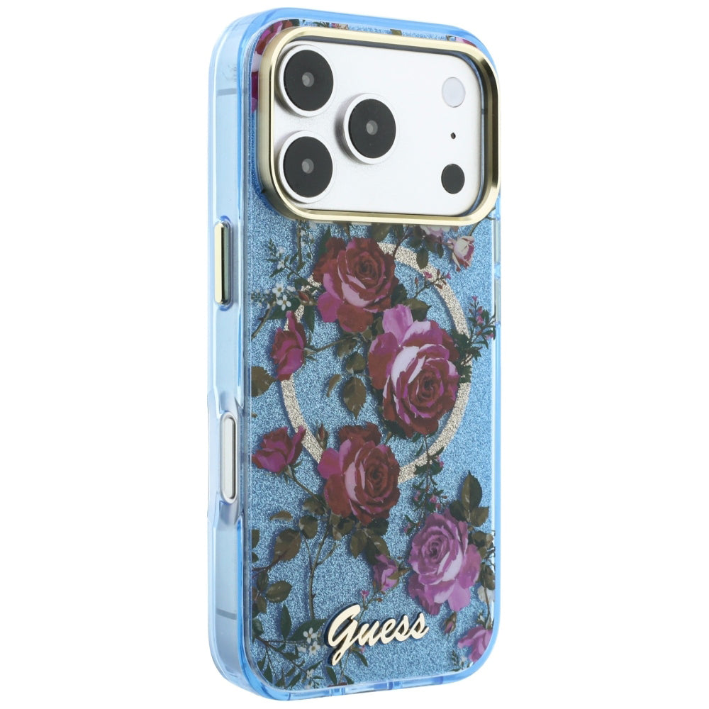 Funda MagSafe para Apple iPhone 18 Pro / 17 Pro, Guess, IML Glitter Blossom Roses, Azul