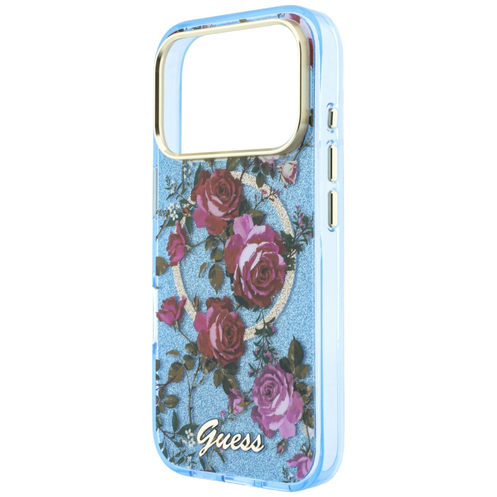 Funda MagSafe para Apple iPhone 18 Pro / 17 Pro, Guess, IML Glitter Blossom Roses, Azul