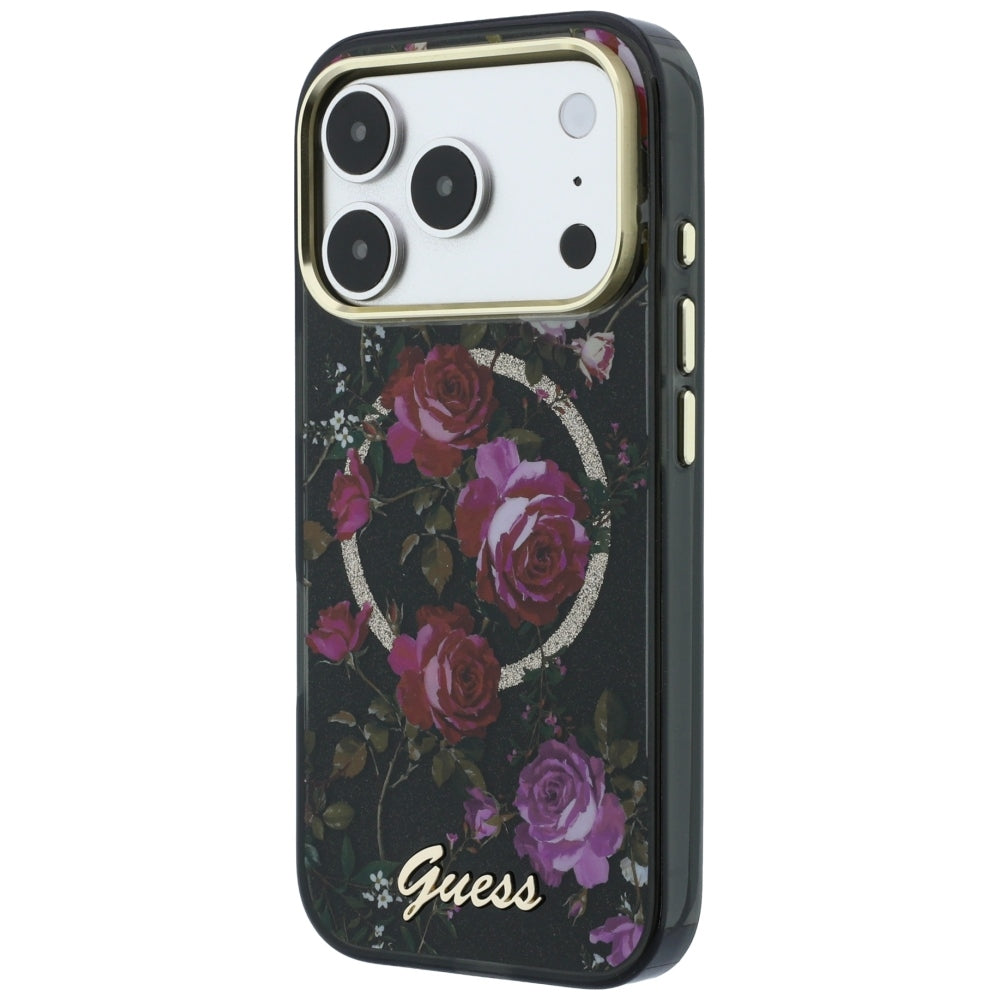 Funda MagSafe para Apple iPhone 18 Pro / 17 Pro, Guess, IML Glitter Blossom Roses, Negra