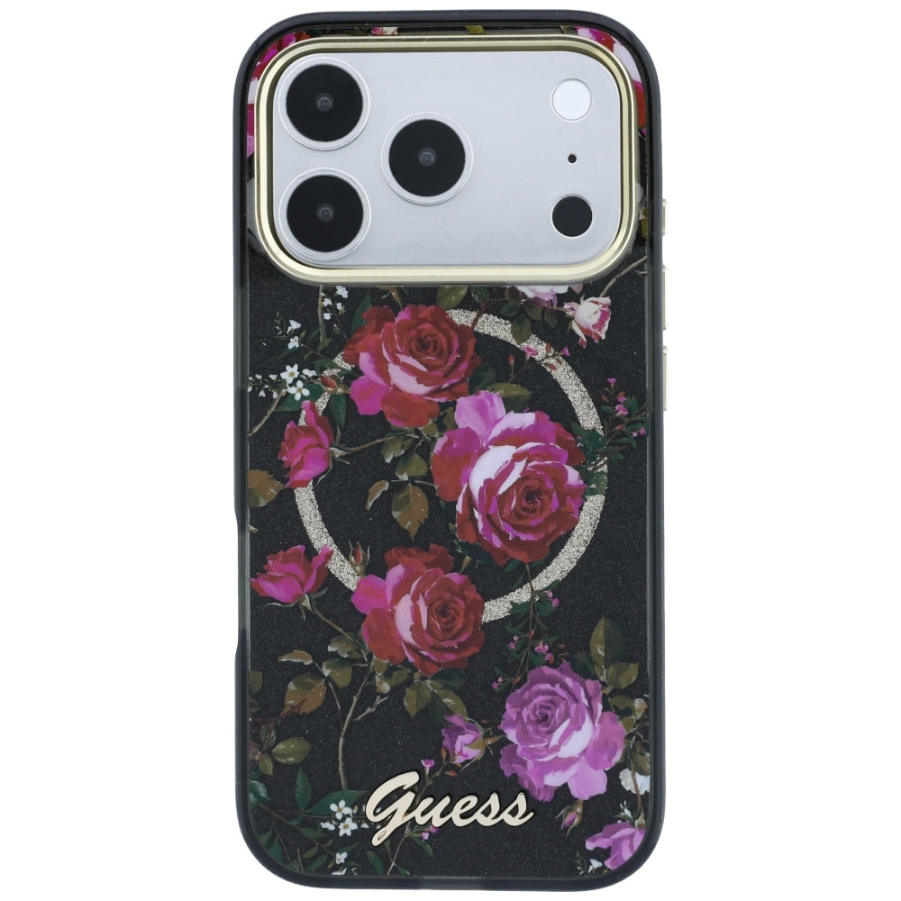 Funda MagSafe para Apple iPhone 18 Pro / 17 Pro, Guess, IML Glitter Blossom Roses, Negra