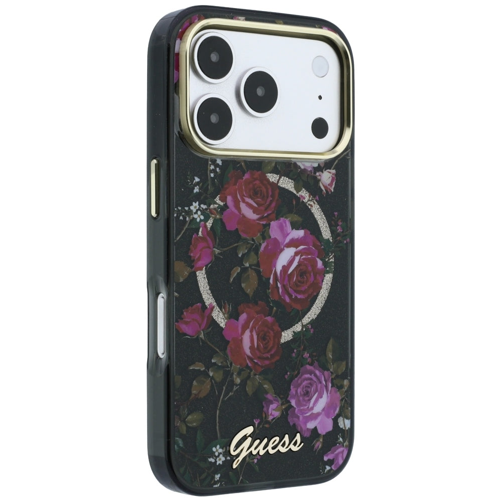 Funda MagSafe para Apple iPhone 18 Pro / 17 Pro, Guess, IML Glitter Blossom Roses, Negra