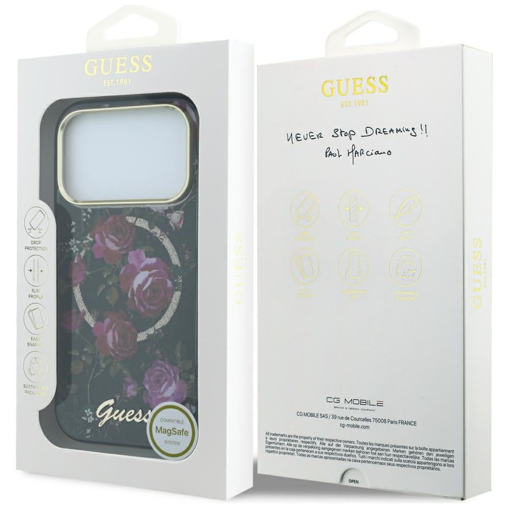 Funda MagSafe para Apple iPhone 18 Pro / 17 Pro, Guess, IML Glitter Blossom Roses, Negra