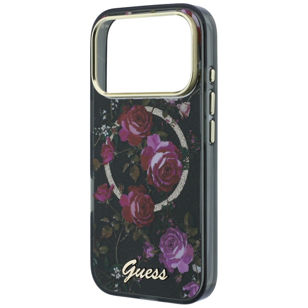 Funda MagSafe para Apple iPhone 18 Pro / 17 Pro, Guess, IML Glitter Blossom Roses, Negra
