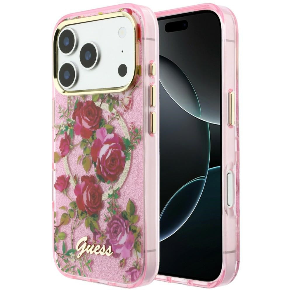 Funda MagSafe para Apple iPhone 18 Pro / 17 Pro, Guess, IML Glitter Blossom Roses, Rosa