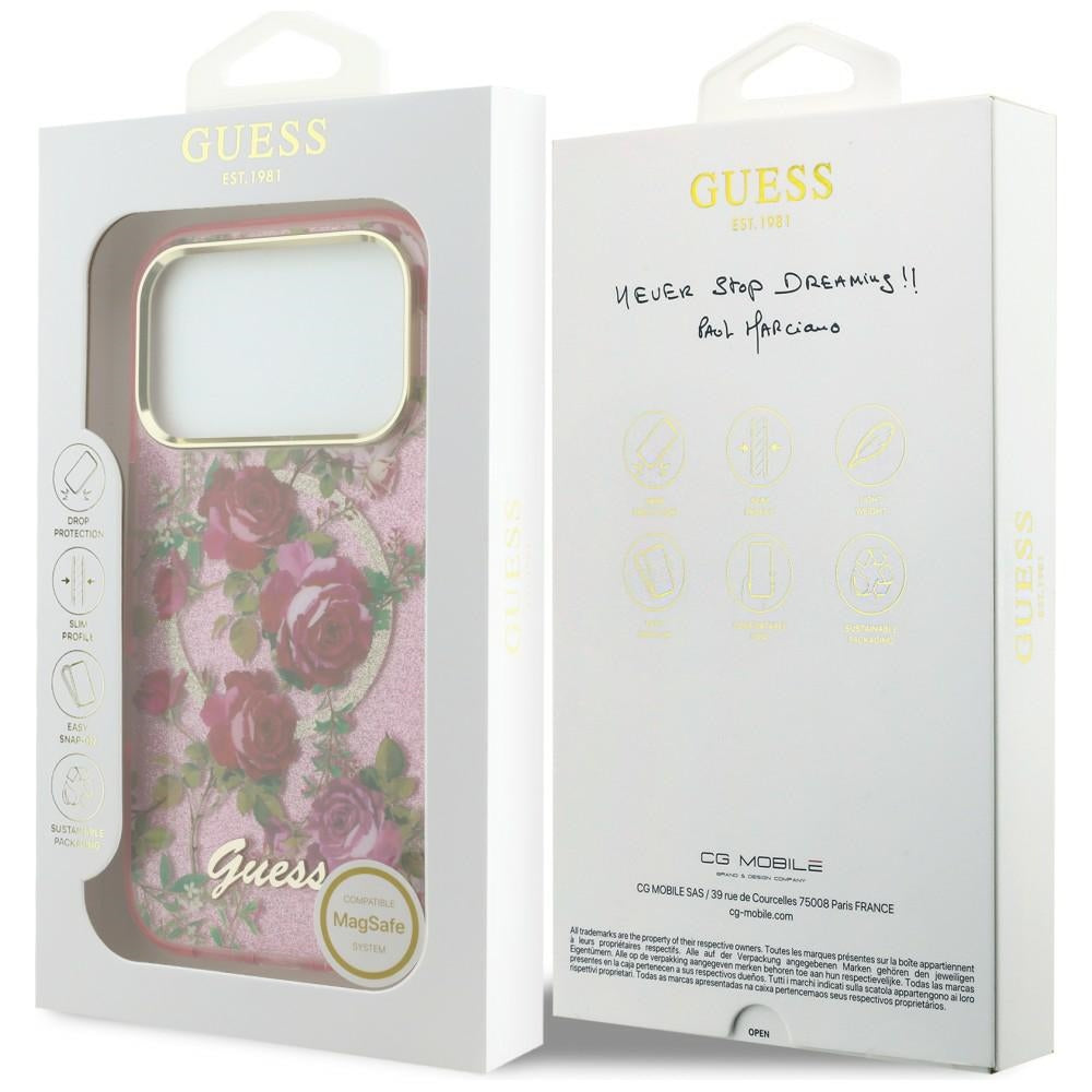 Funda MagSafe para Apple iPhone 18 Pro / 17 Pro, Guess, IML Glitter Blossom Roses, Rosa