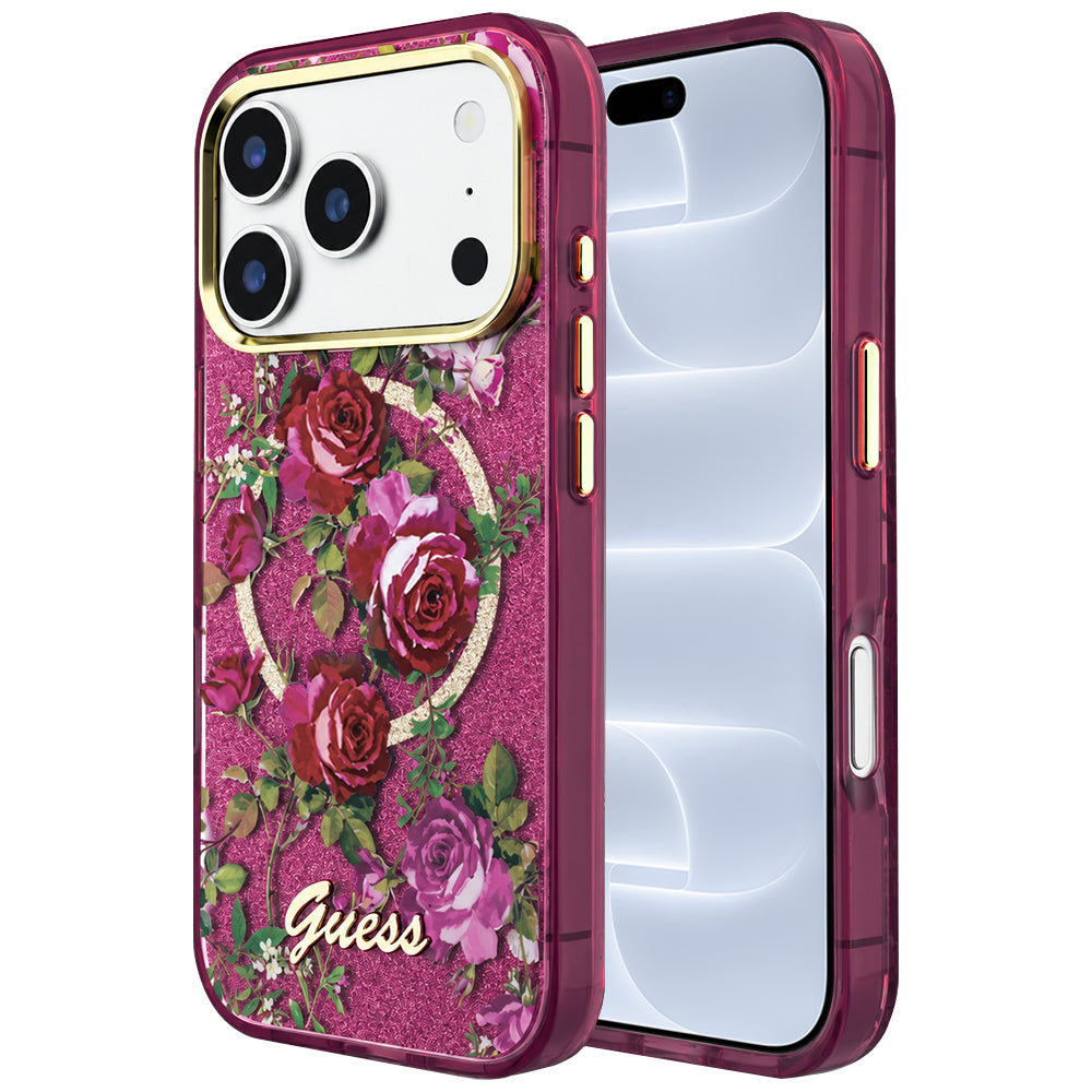 Funda MagSafe para Apple iPhone 18 Pro / 17 Pro, Guess, IML Glitter Blossom Roses, Burdeos