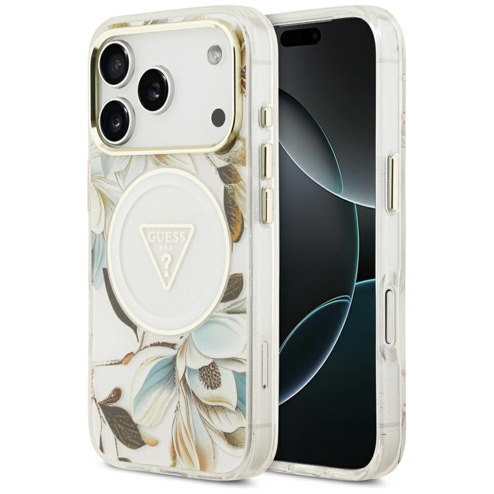 Funda MagSafe para Apple iPhone 18 Pro / 17 Pro, Guess, IML Metal Glitter Flowers Triangle, Blanca