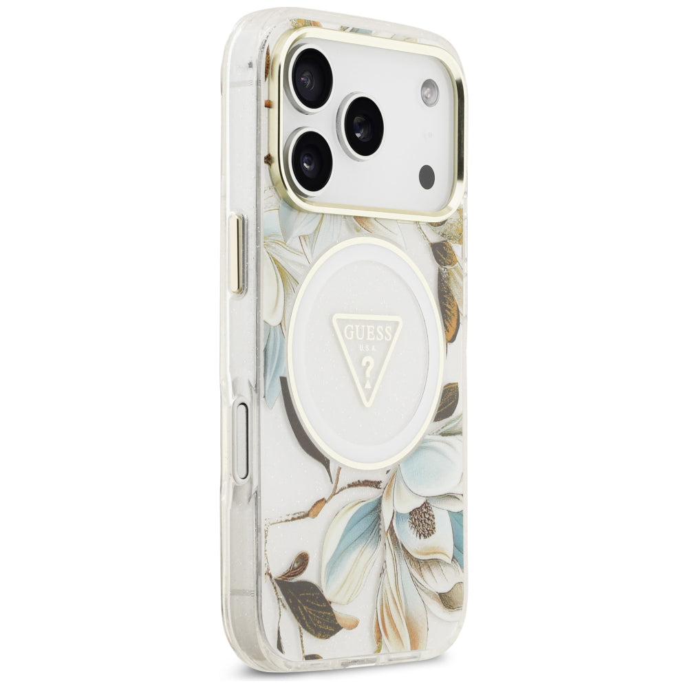 Funda MagSafe para Apple iPhone 18 Pro / 17 Pro, Guess, IML Metal Glitter Flowers Triangle, Blanca