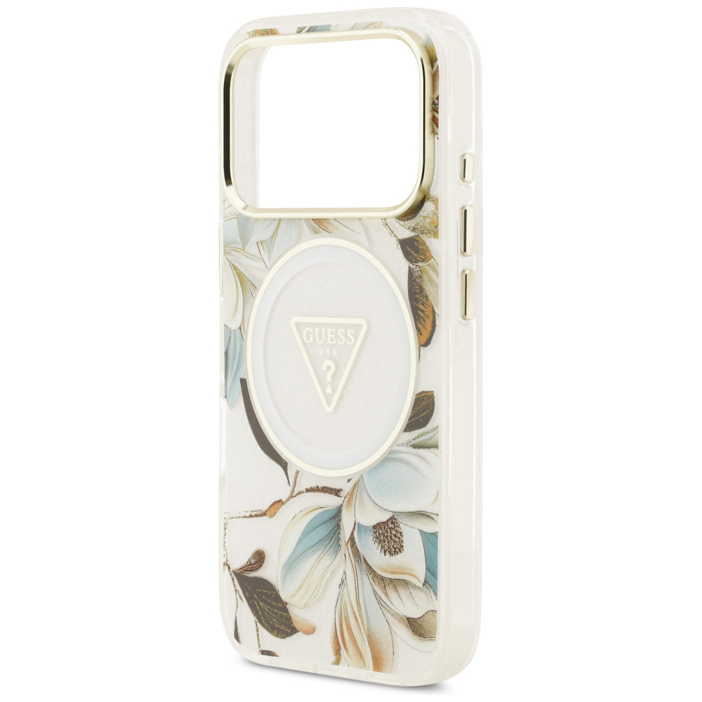 Funda MagSafe para Apple iPhone 18 Pro / 17 Pro, Guess, IML Metal Glitter Flowers Triangle, Blanca