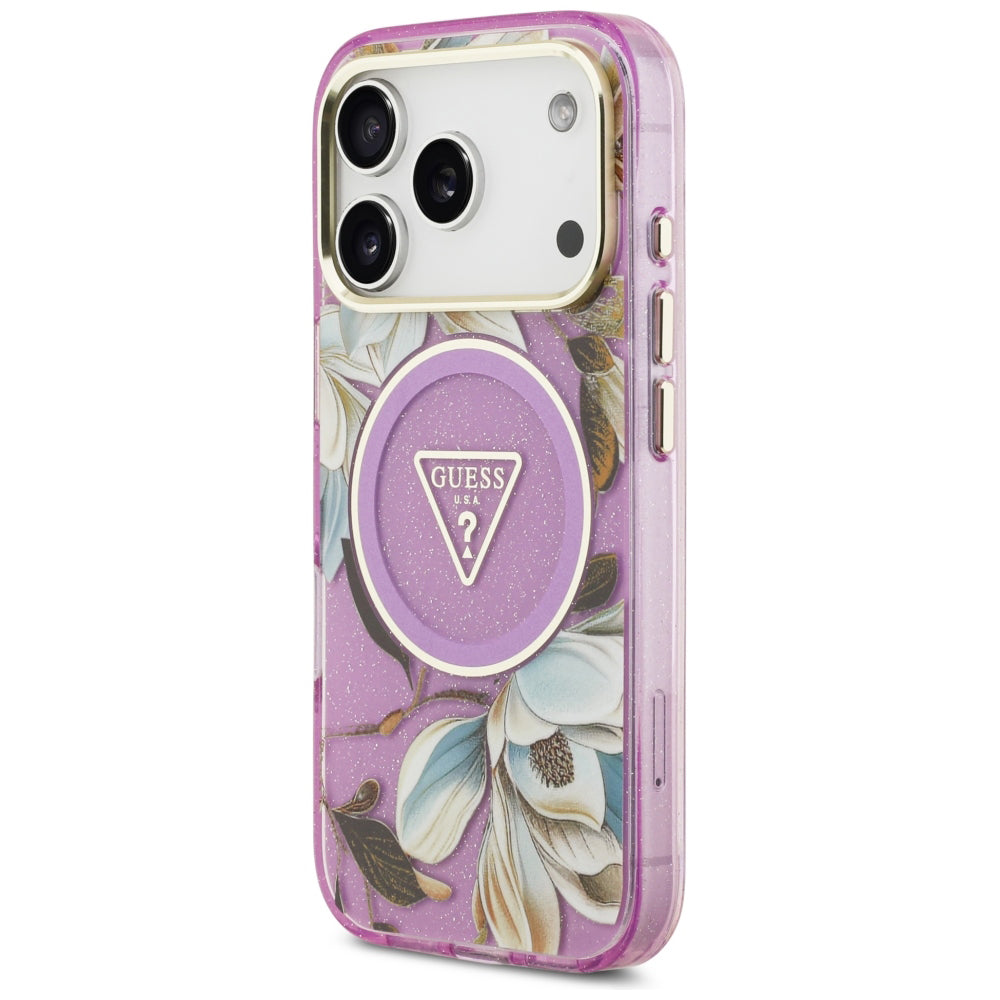 Funda MagSafe para Apple iPhone 18 Pro / 17 Pro, Guess, IML Metal Glitter Flowers Triangle, Morado
