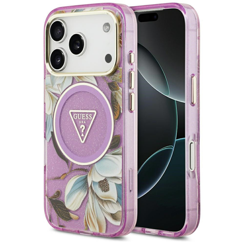 Funda MagSafe para Apple iPhone 18 Pro / 17 Pro, Guess, IML Metal Glitter Flowers Triangle, Morado