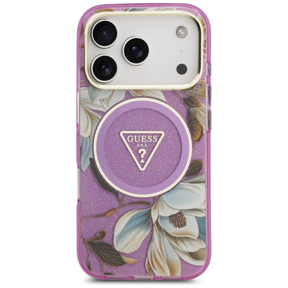 Funda MagSafe para Apple iPhone 18 Pro / 17 Pro, Guess, IML Metal Glitter Flowers Triangle, Morado