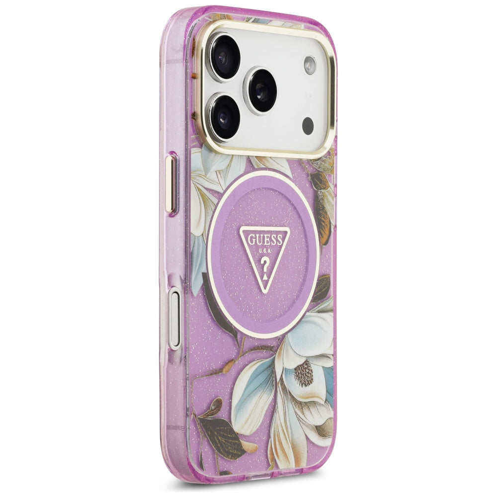Funda MagSafe para Apple iPhone 18 Pro / 17 Pro, Guess, IML Metal Glitter Flowers Triangle, Morado