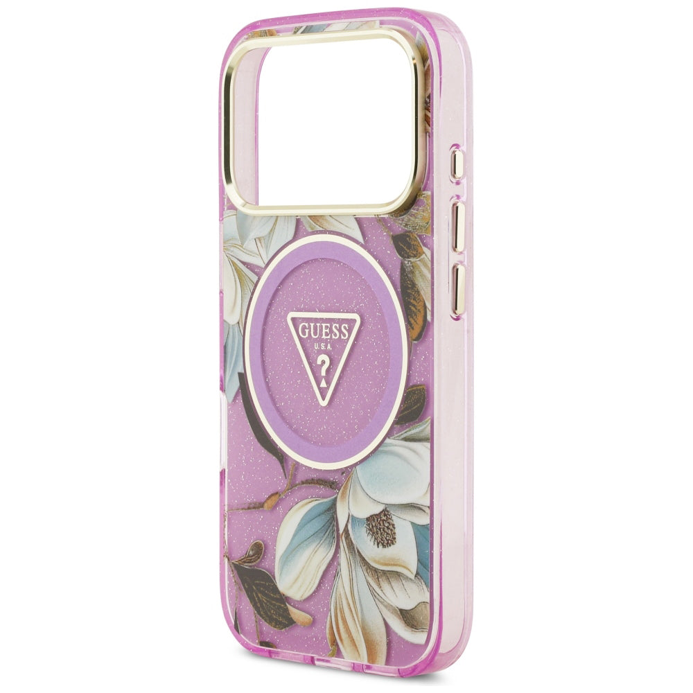 Funda MagSafe para Apple iPhone 18 Pro / 17 Pro, Guess, IML Metal Glitter Flowers Triangle, Morado