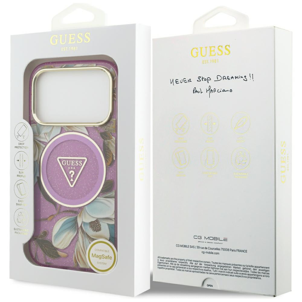 Funda MagSafe para Apple iPhone 18 Pro / 17 Pro, Guess, IML Metal Glitter Flowers Triangle, Morado
